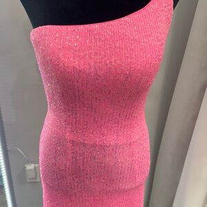 La Femme Sparkling Pink One-Shoulder Dress